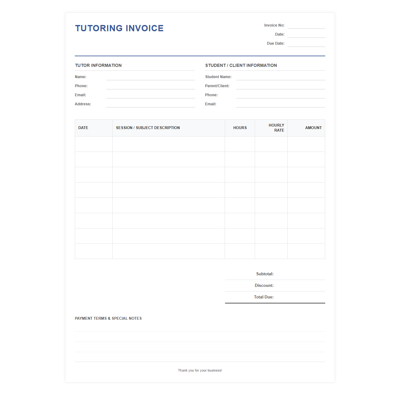Hourly Tutoring Services Invoice Template
