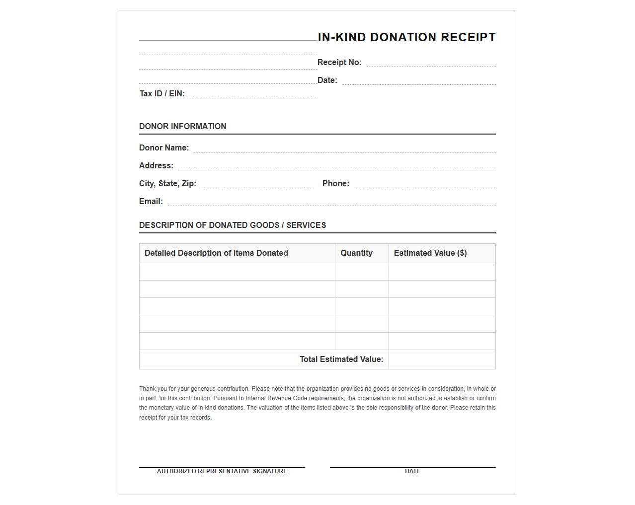 In-Kind Gift Receipt Form