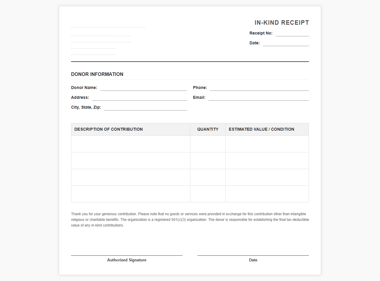 In Kind Individual Donor Contribution Receipt