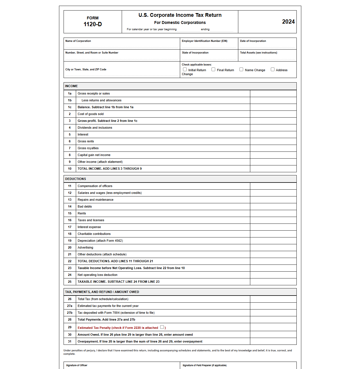 Income Tax Return Template for Domestic Businesses