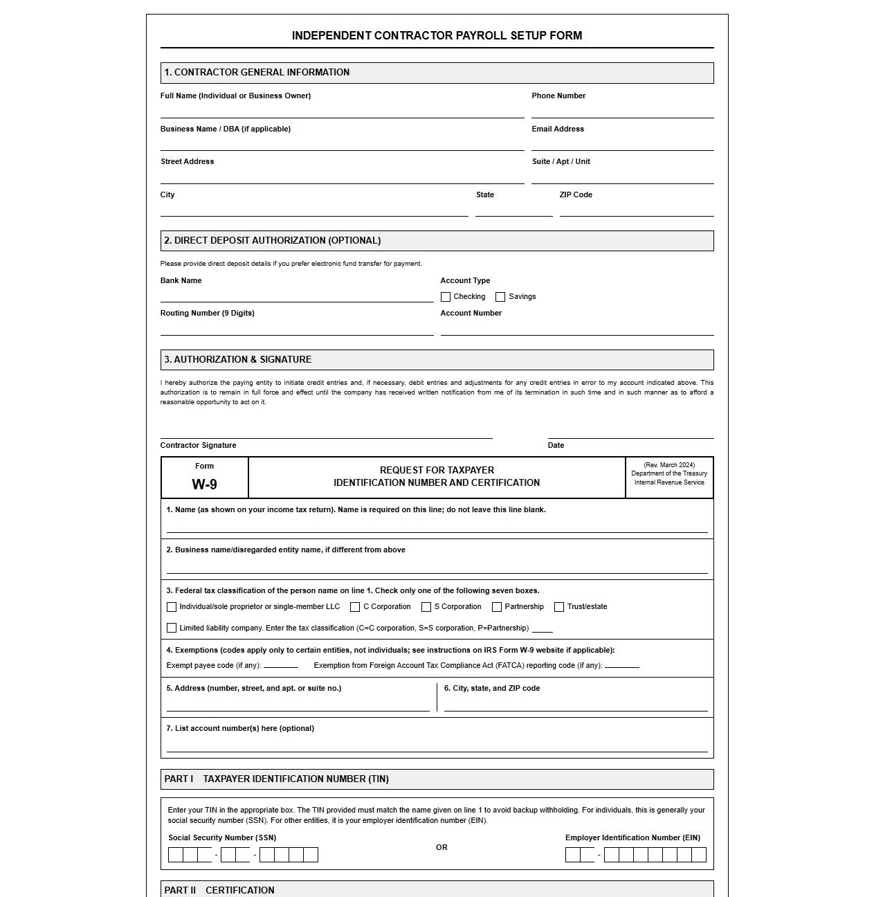 Independent Contractor Payroll Setup and W-9 Template
