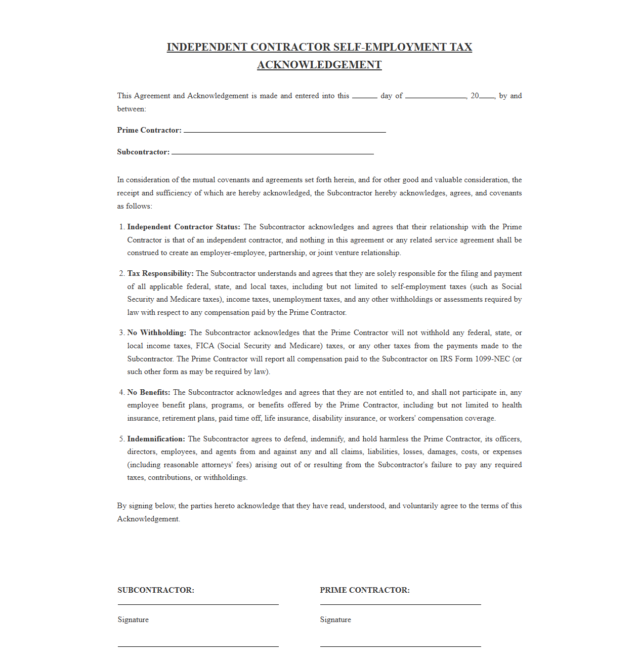 Independent Contractor Self Employment Tax Acknowledgement