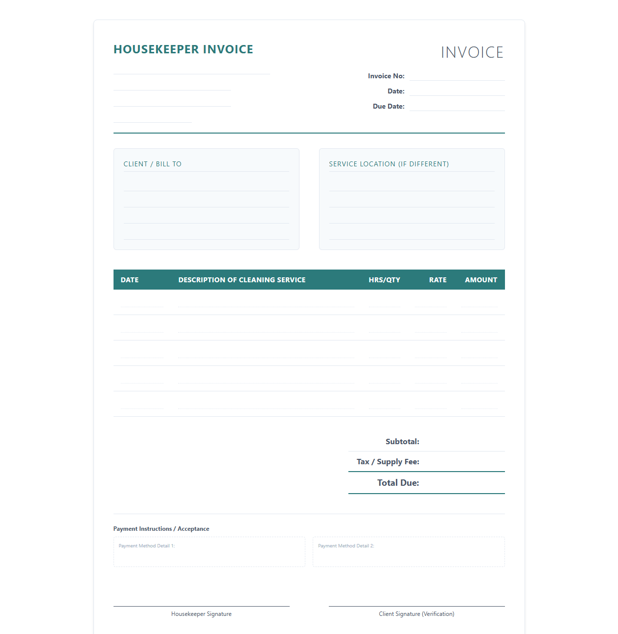 Independent Housekeeper Invoice Template