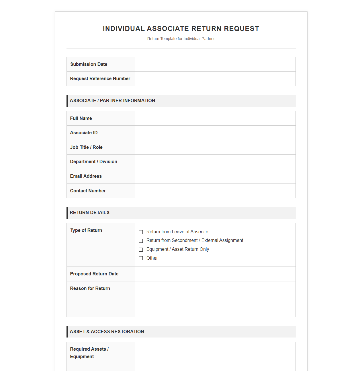 Individual Associate Return Request Document