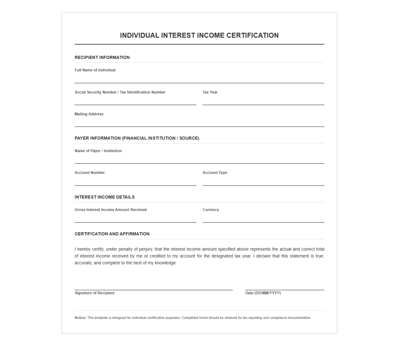 Individual Interest Income Certification Template
