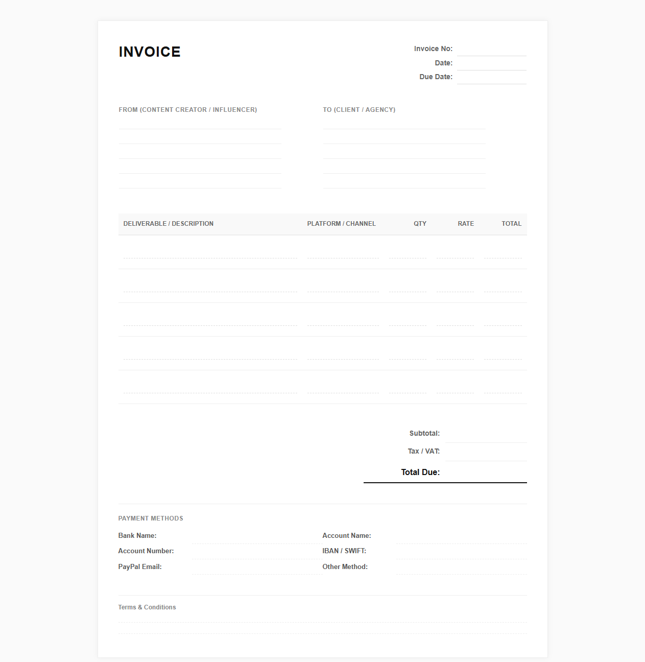 Influencer Content Creation Services Invoice