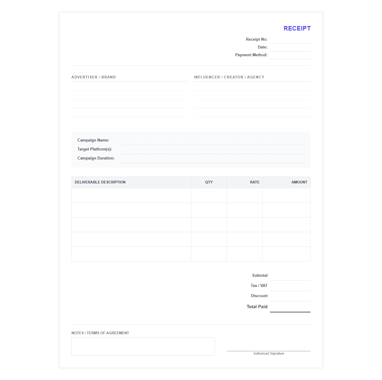 Influencer Marketing Campaign Receipt