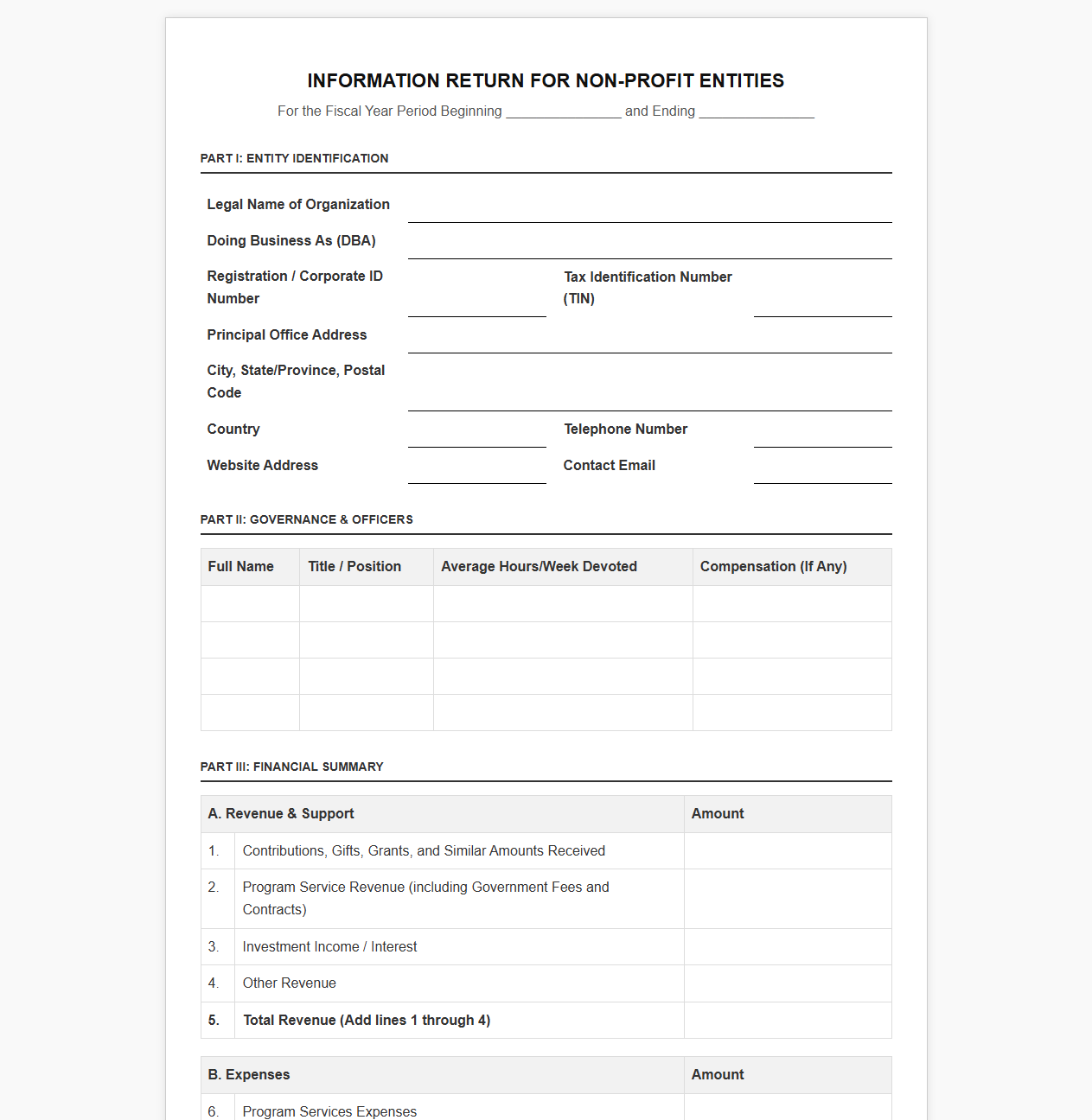 Information Return Template for Non-Profit Entities