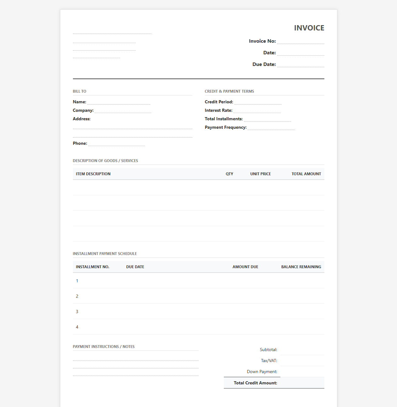 Installment and Credit Payment Invoice
