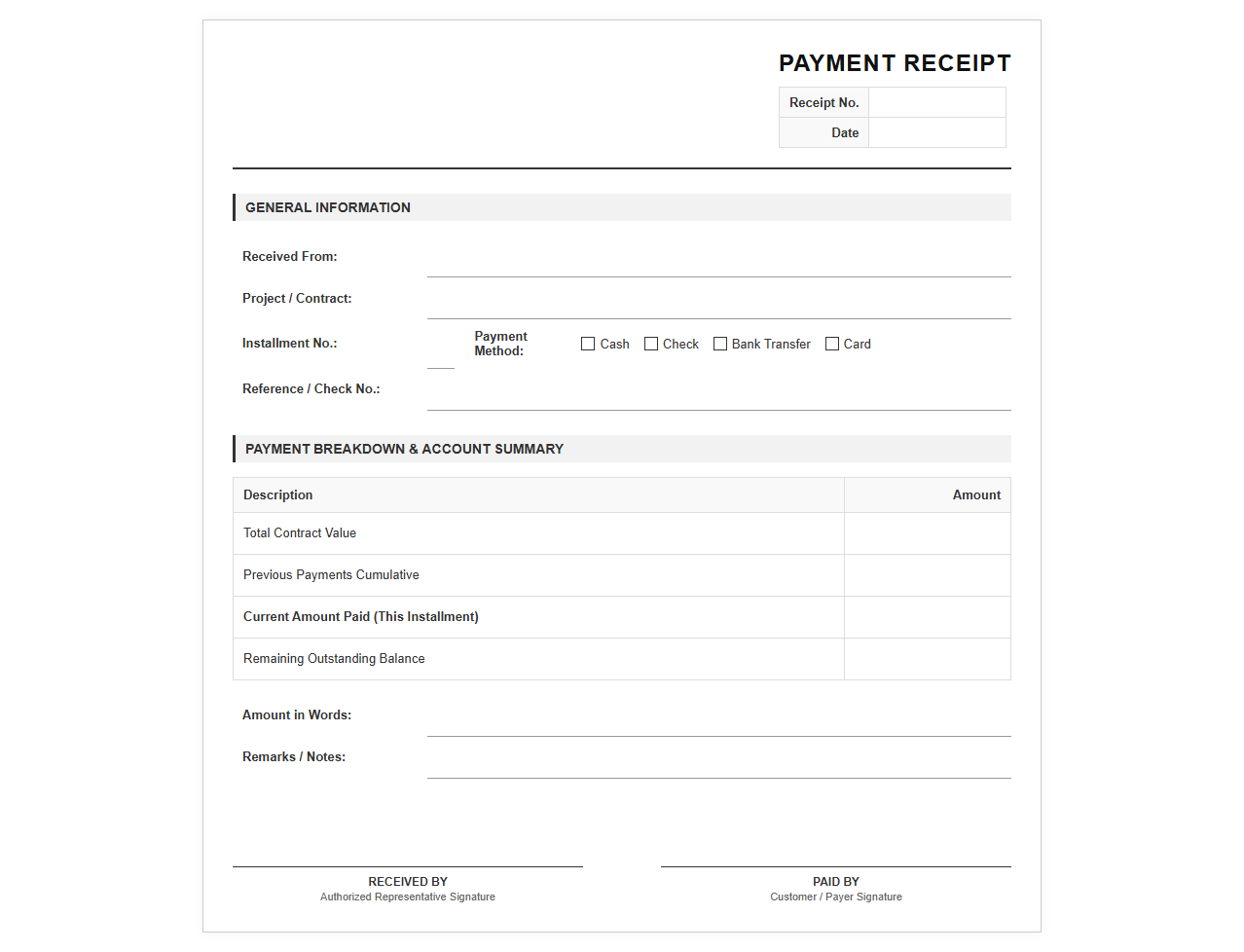 Installment Payment Receipt Template
