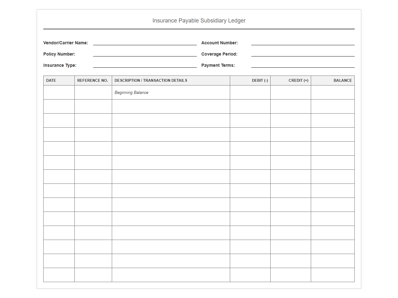 Insurance Payable Subsidiary Ledger Template