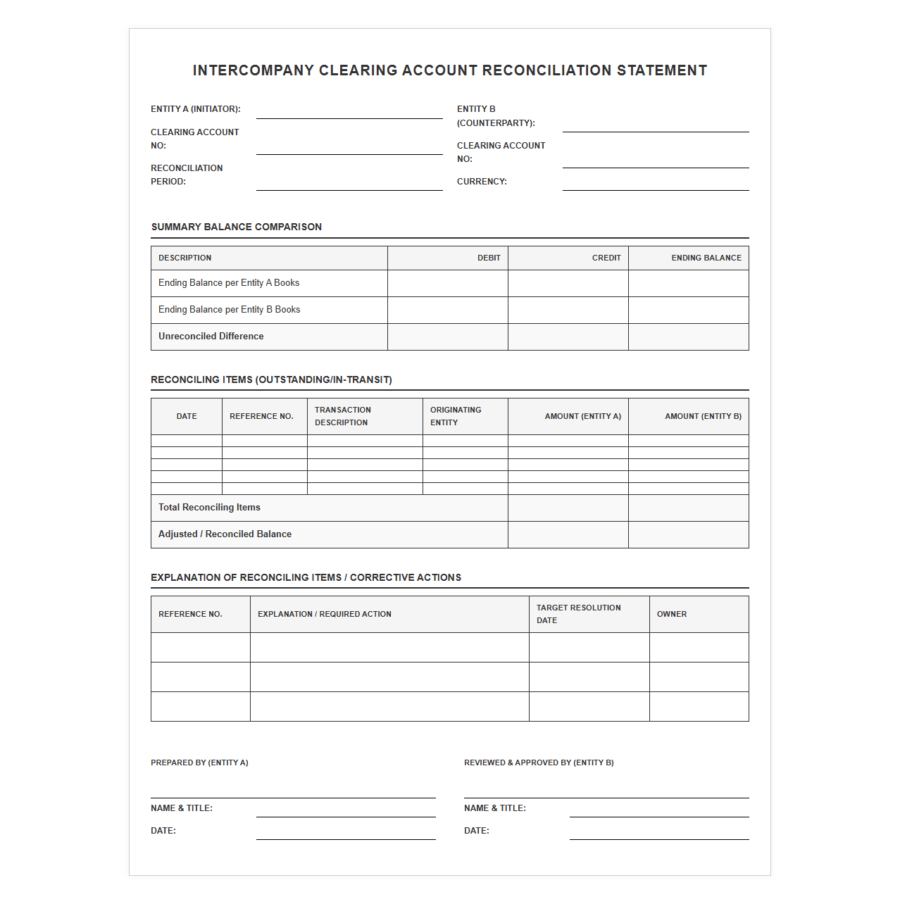 Intercompany Clearing Account Reconciliation Statement