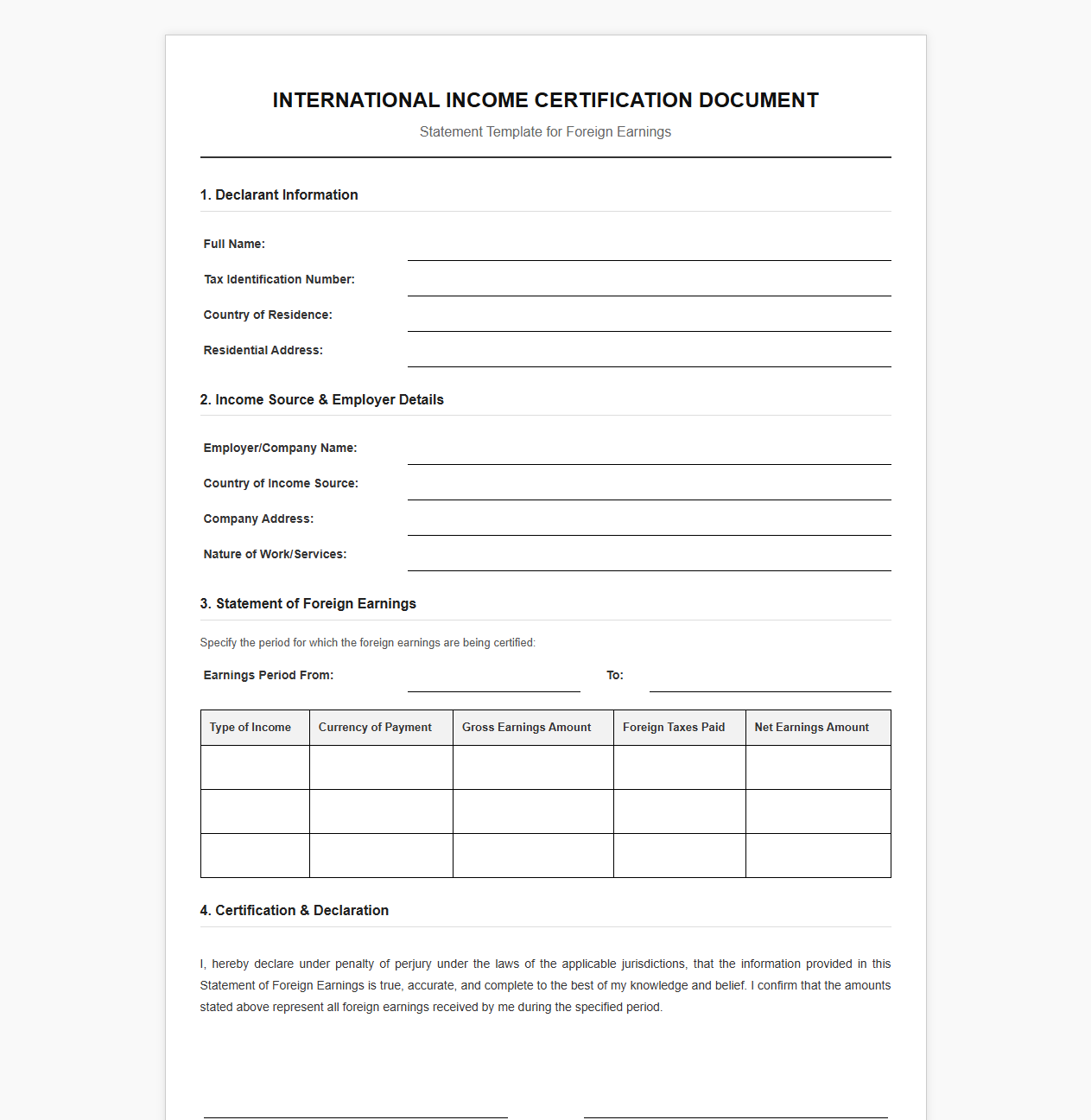 International Income Certification Document