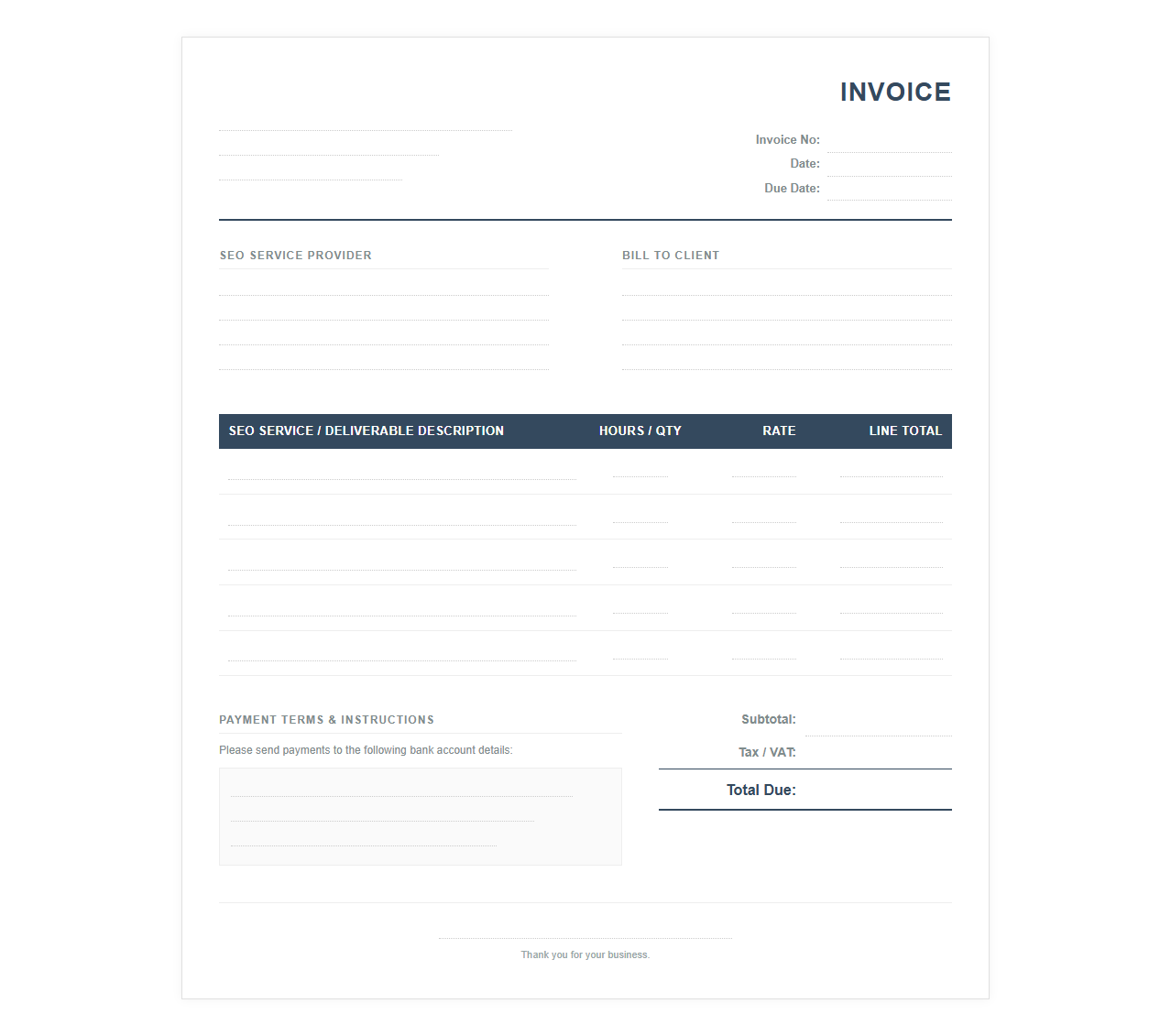 Invoice for Search Engine Optimization Works
