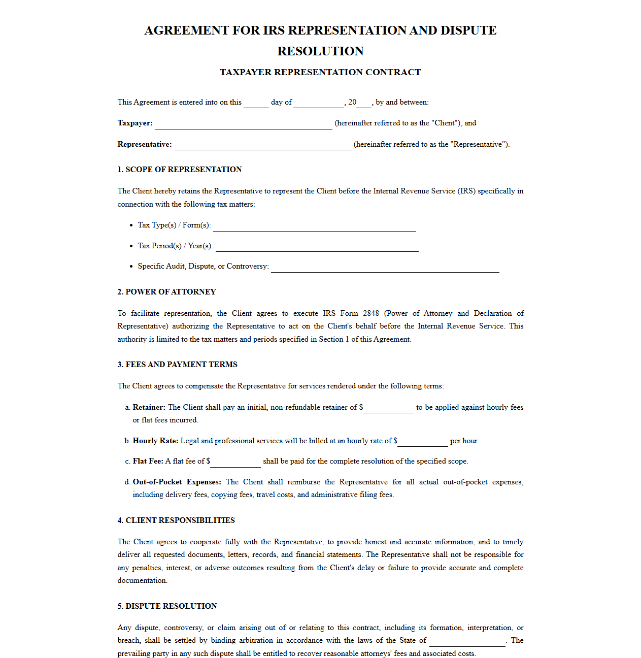 IRS Audit Representation and Dispute Resolution Contract