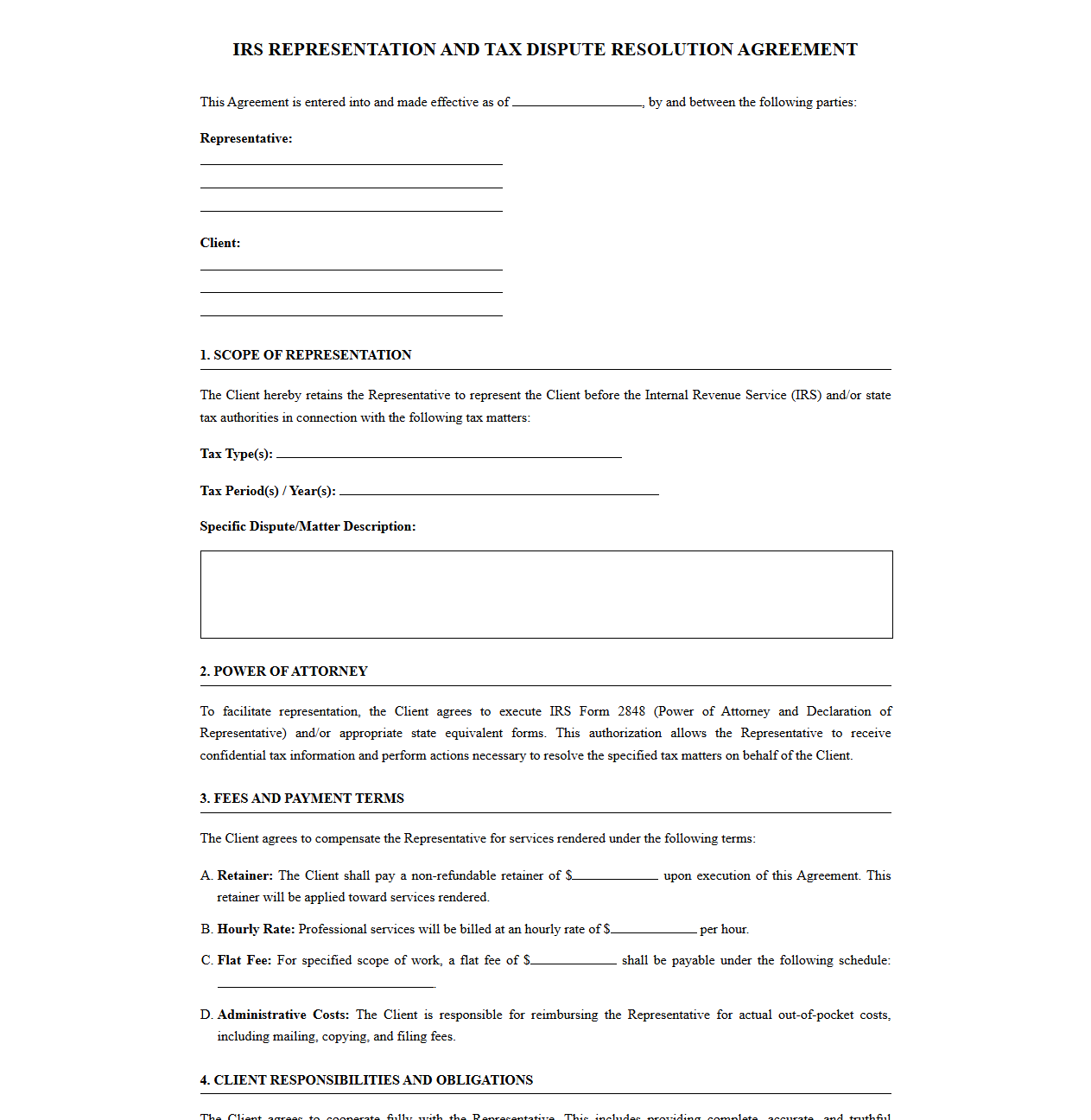 IRS Representation and Tax Dispute Resolution Agreement