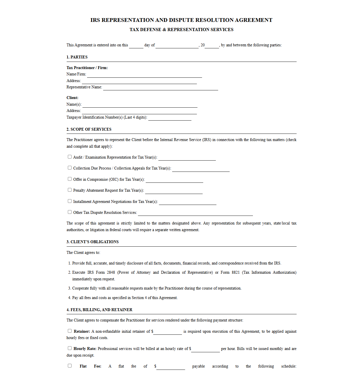 IRS Tax Defense and Dispute Resolution Agreement Template