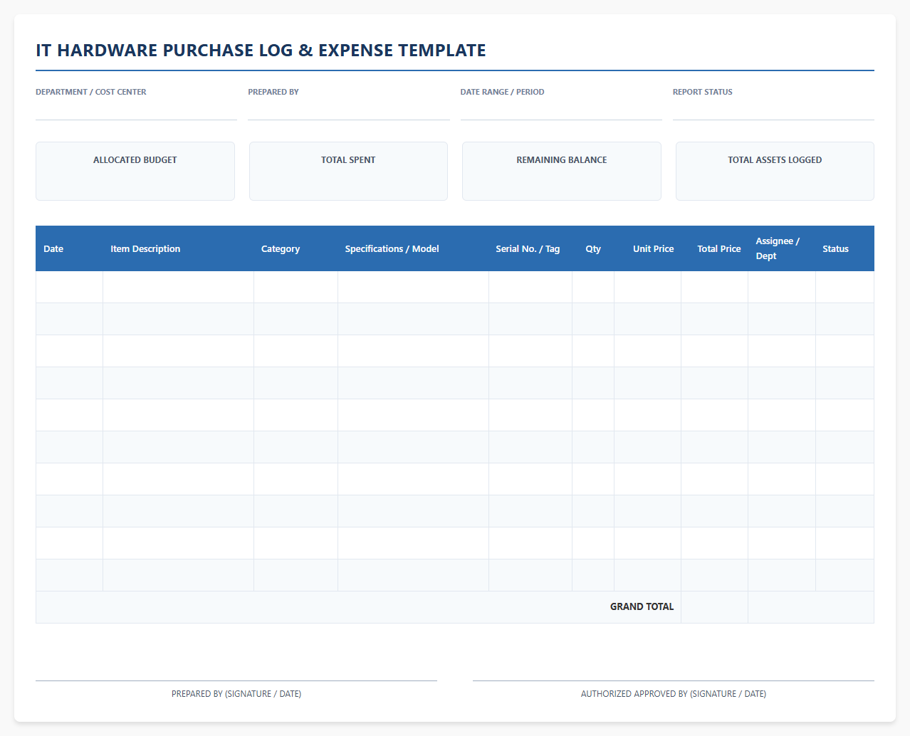 IT Hardware Purchase Log and Expense Template