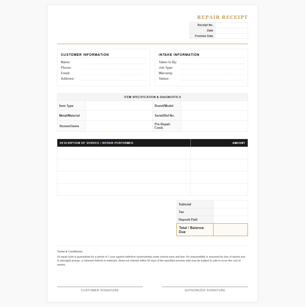 Jewelry and Watch Repair Receipt Template