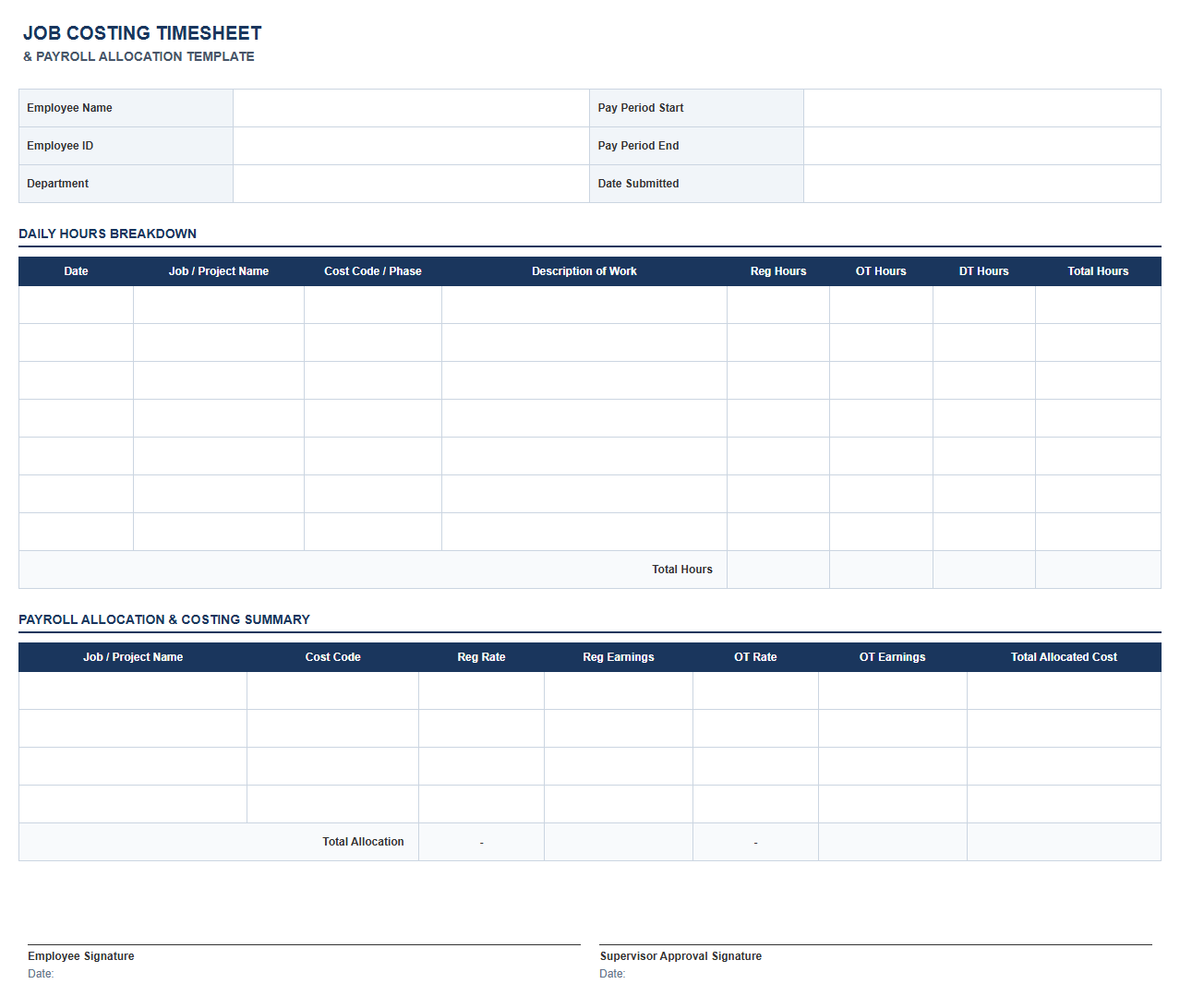 Job Costing Timesheet and Payroll Allocation Template