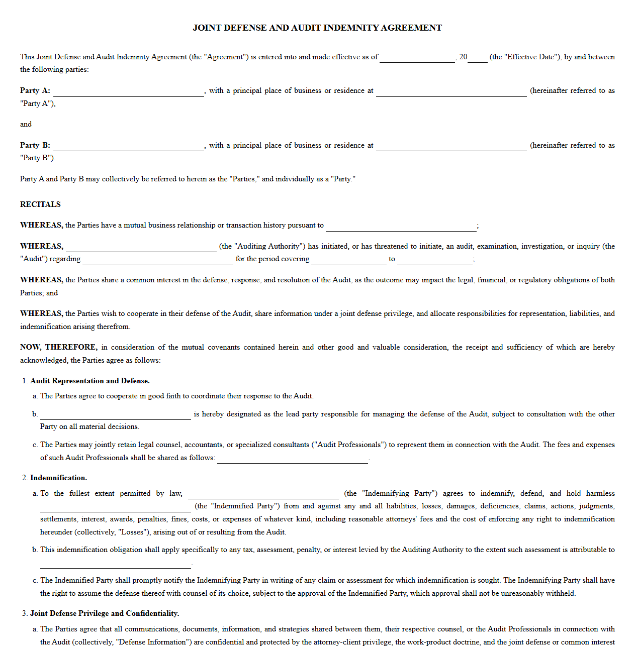 Joint Defense and Audit Indemnity Agreement