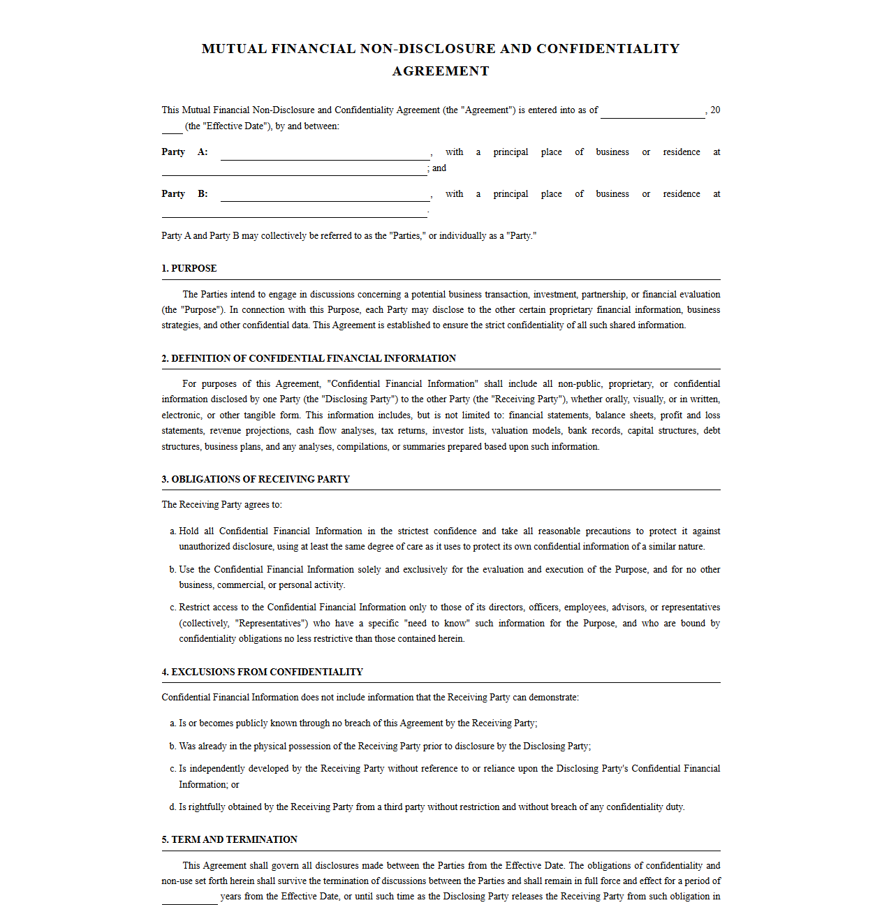 Joint Financial Non-Disclosure and Confidentiality Template