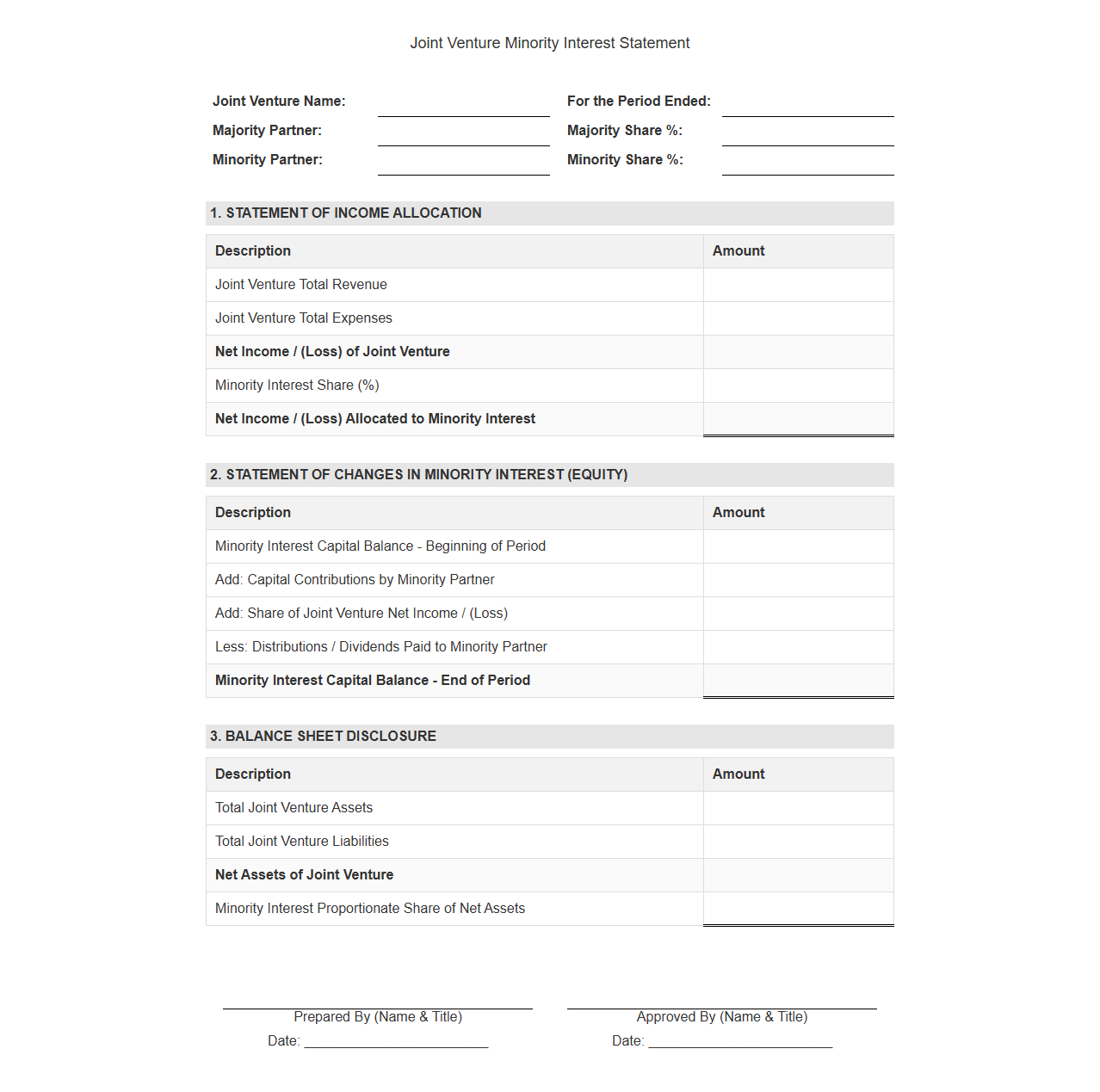 Joint Venture Minority Interest Statement Format