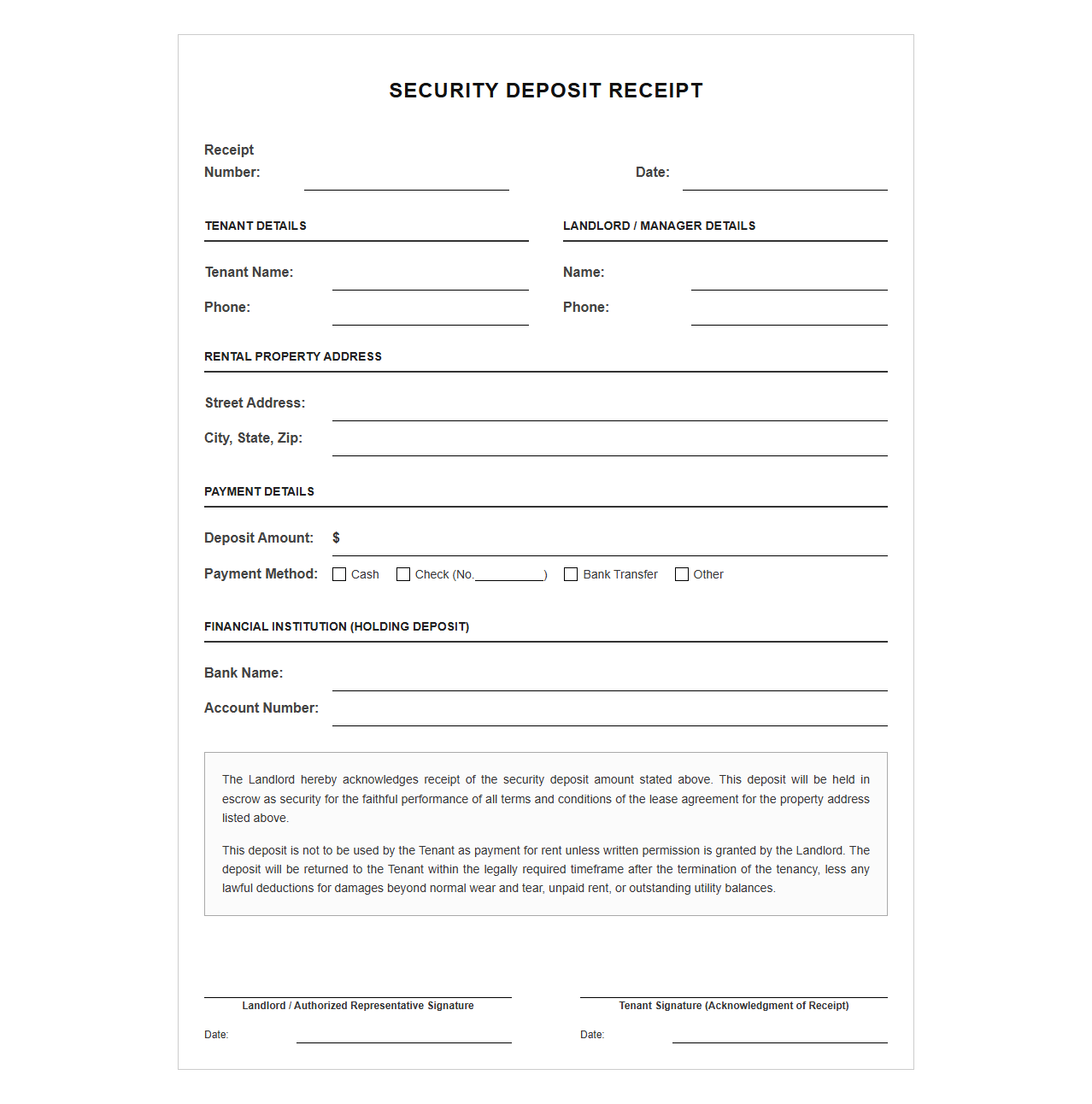 Landlord Proof of Security Deposit Payment