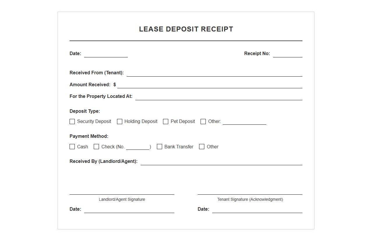 Landlord Tenant Lease Deposit Receipt Form