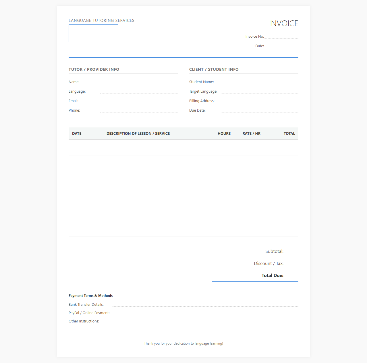 Language Tutoring Services Invoice Form