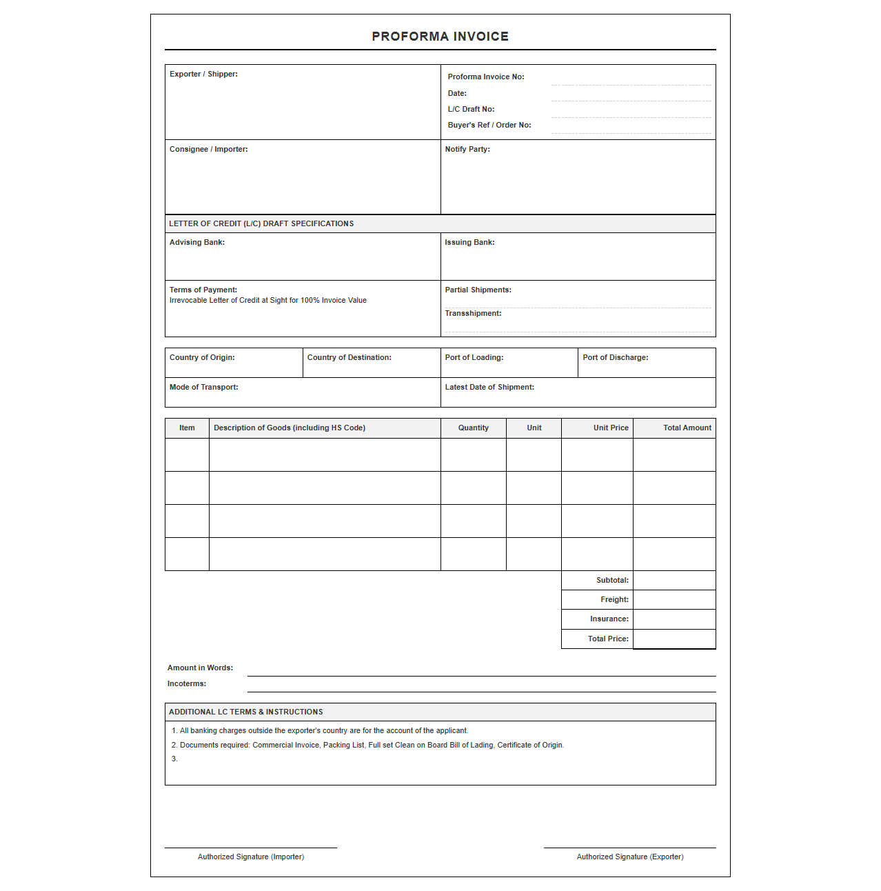 LC Draft Proforma Invoice Template