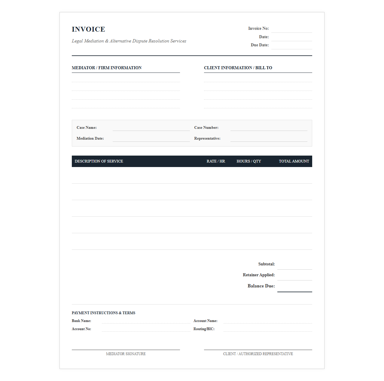 Legal Mediation Consultant Fee Invoice