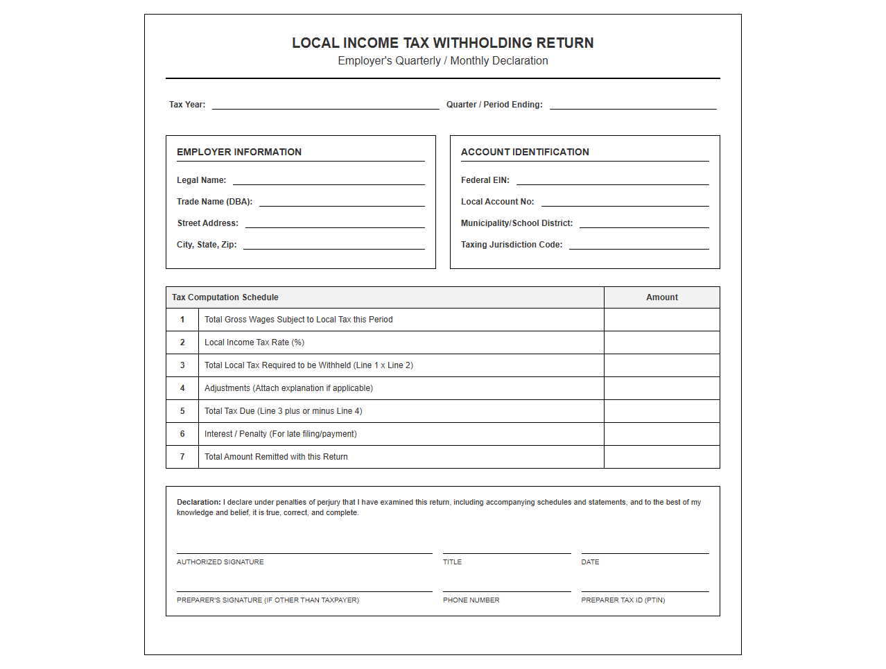 Local Income Tax Withholding Declaration Template