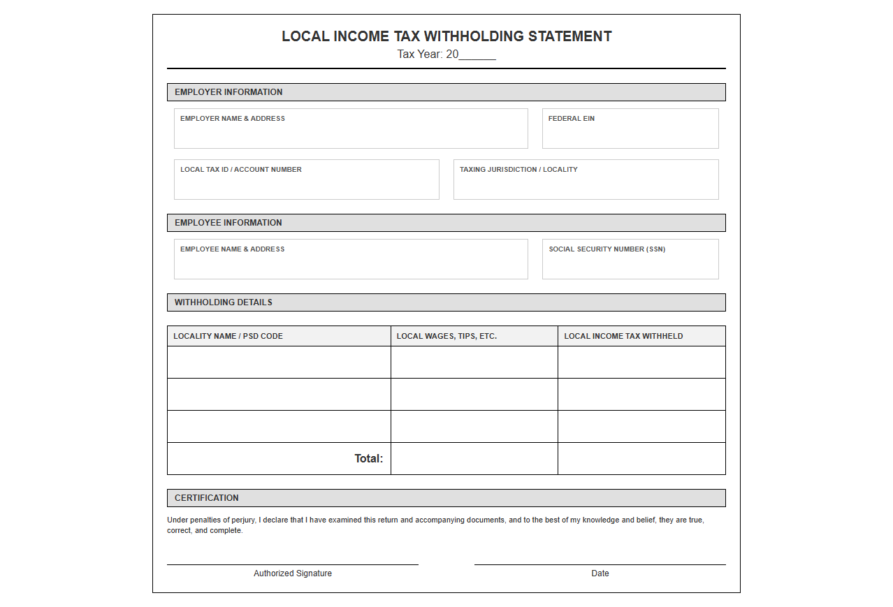 Local Income Tax Withholding Statement Template