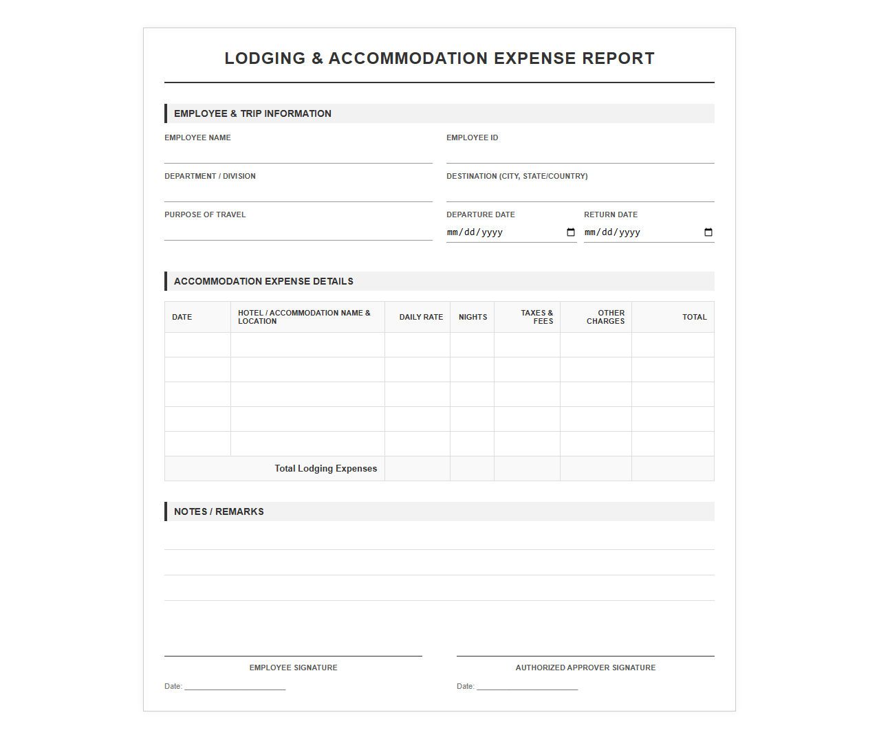 Lodging and Overnight Stay Expense Template