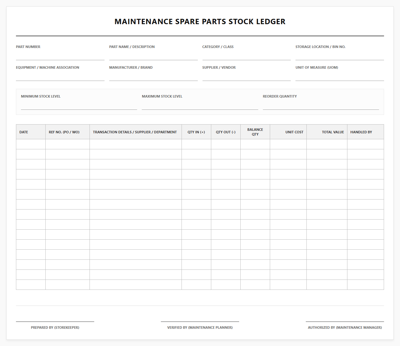 Maintenance Spare Parts Stock Ledger Template
