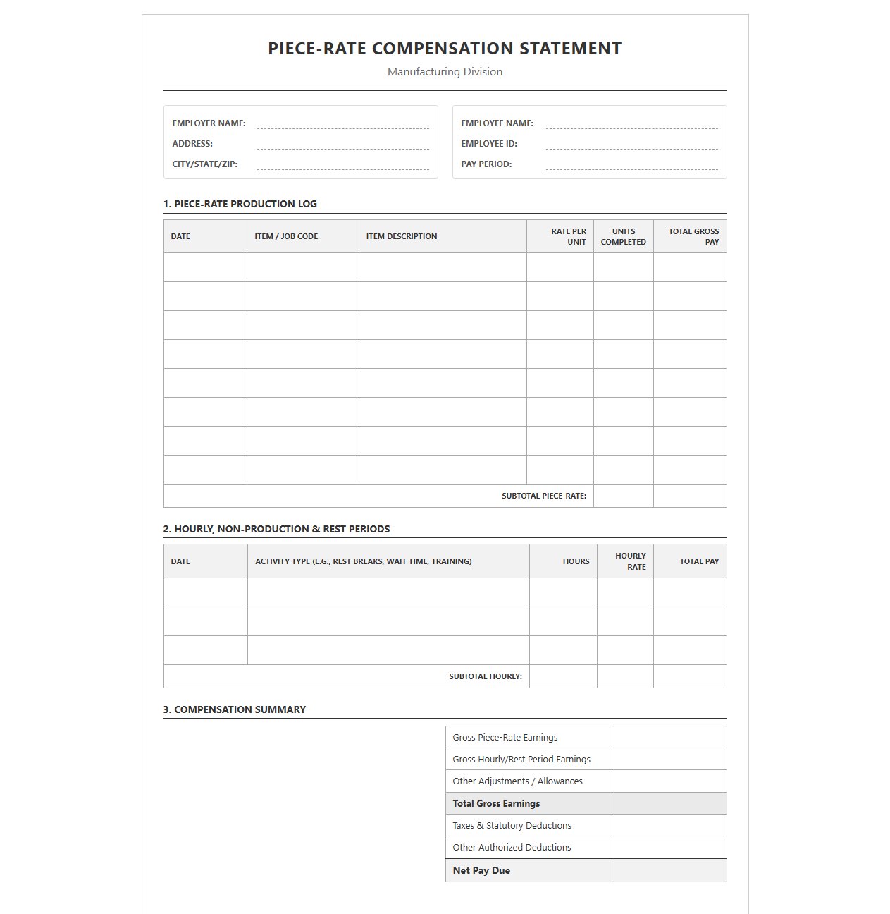 Manufacturing Piece-Rate Compensation Statement
