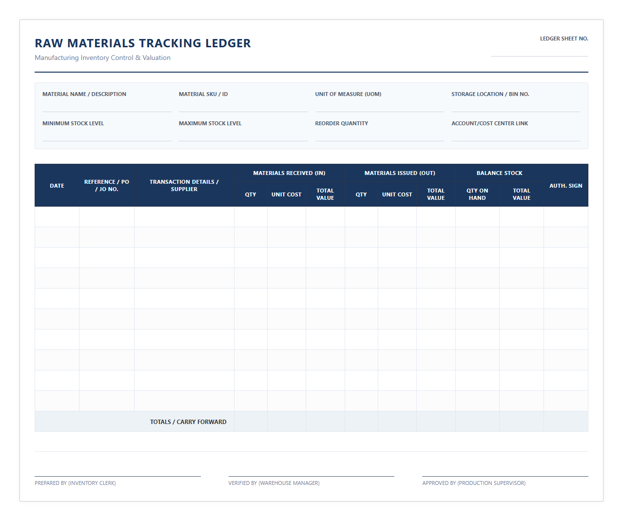 Manufacturing Raw Materials Tracking Ledger