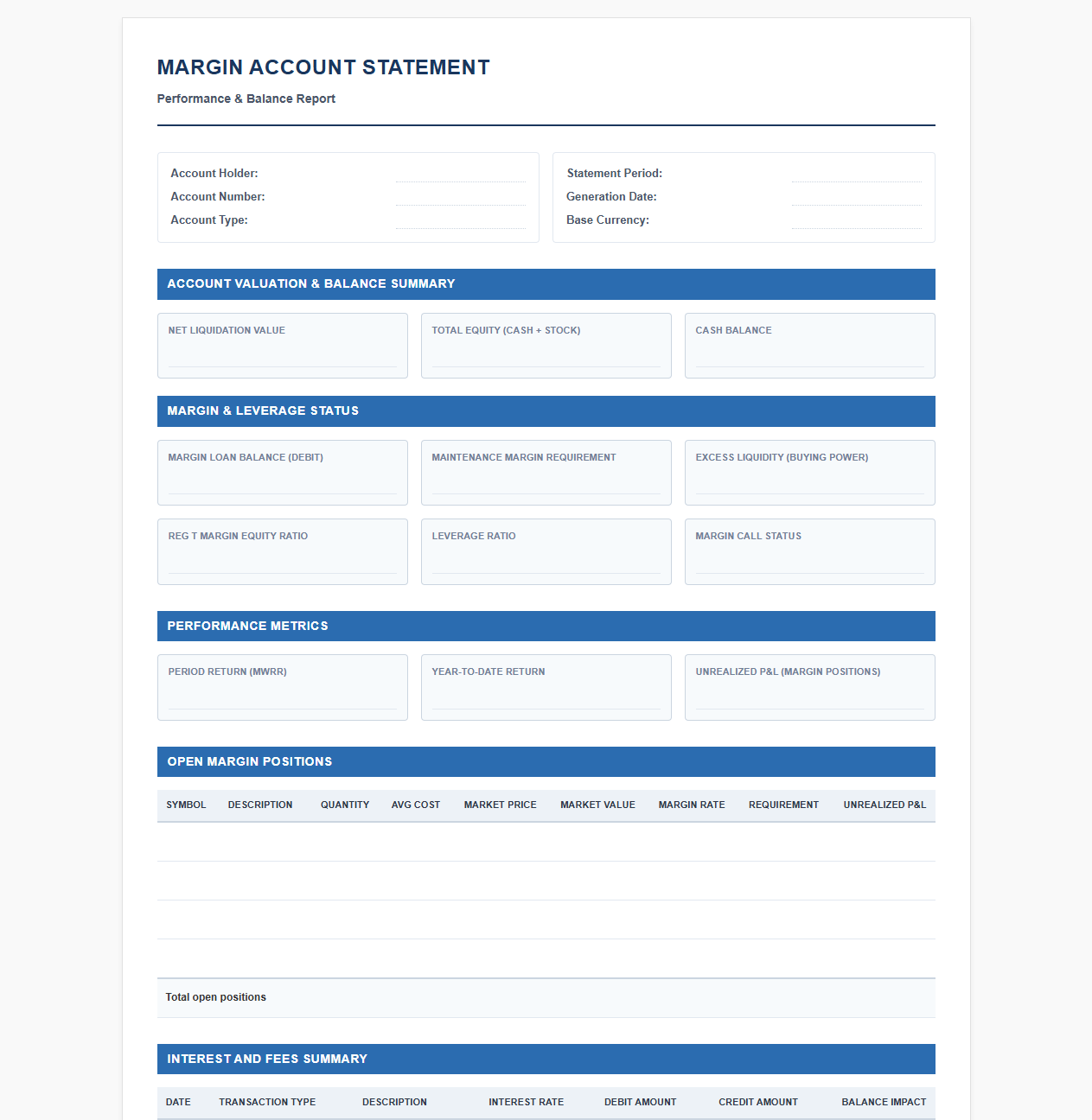 Margin Account Performance and Balance Template