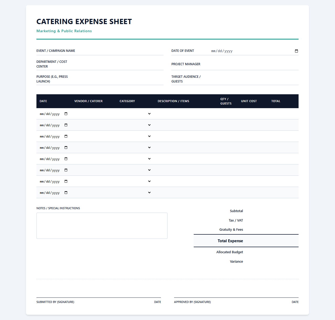 Marketing and PR Catering Expense Sheet