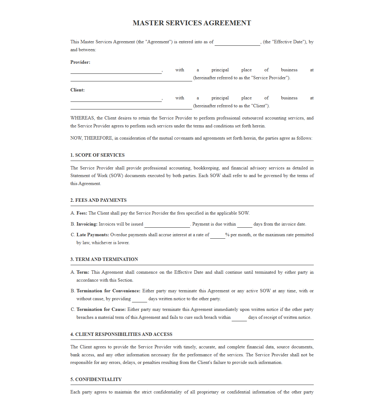 Master Services Agreement for Outsourced Accounting