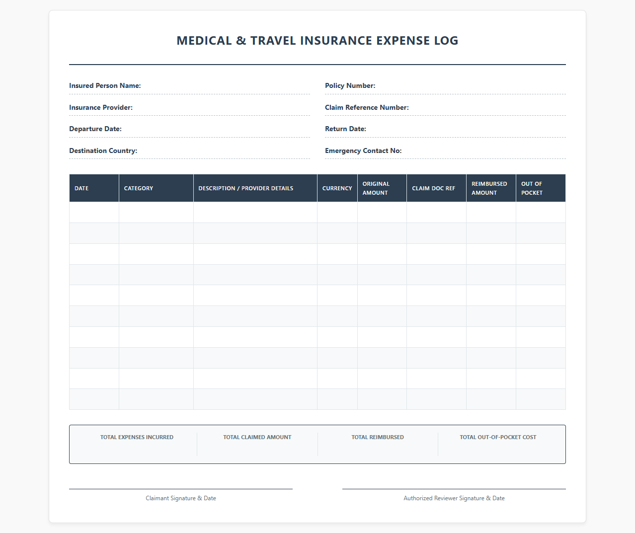 Medical and Travel Insurance Expense Log