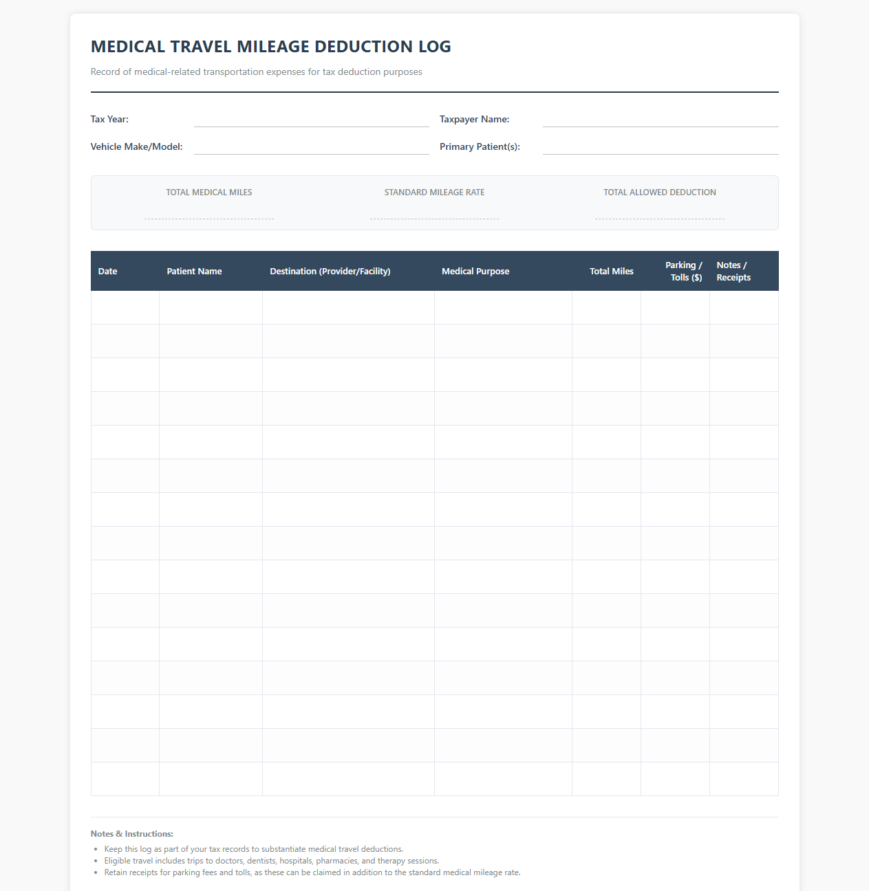 Medical Travel Mileage Deduction Spreadsheet