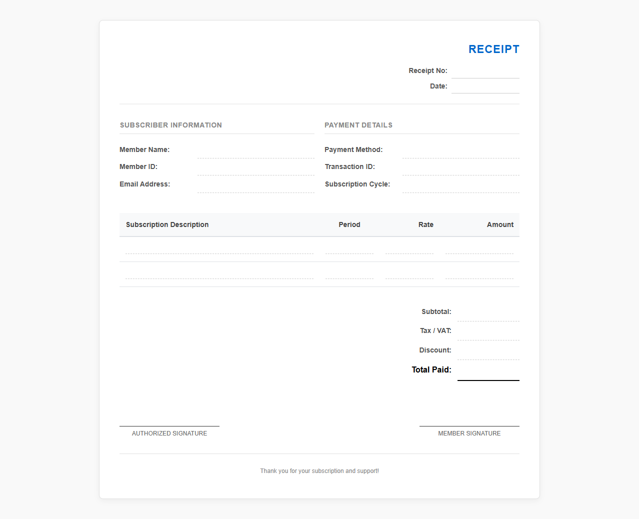 Membership Subscription Payment Receipt Template
