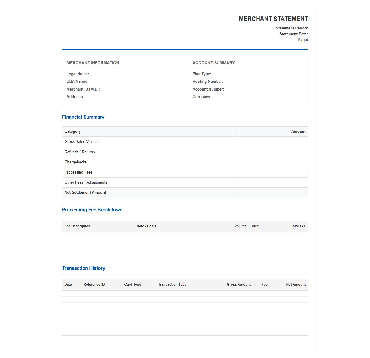 Merchant Account Statement Template