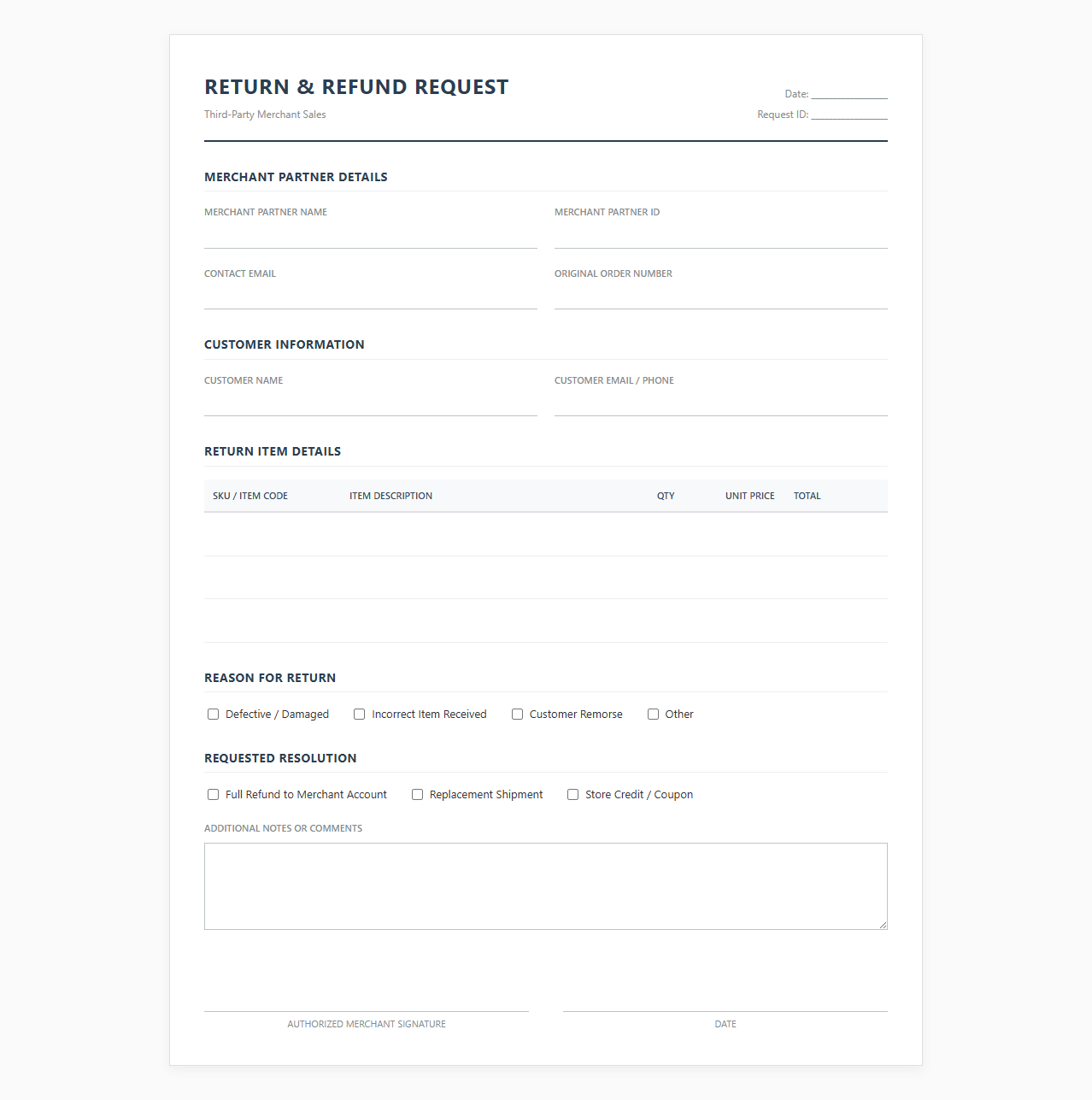 Merchant Partner Return and Refund Request