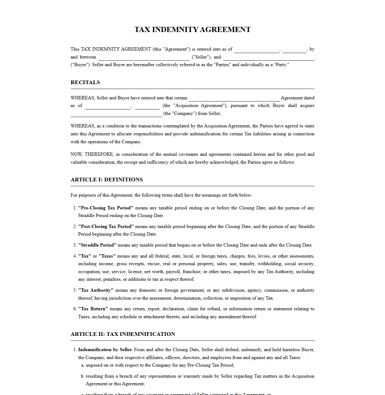 Mergers and Acquisitions Tax Indemnity Template