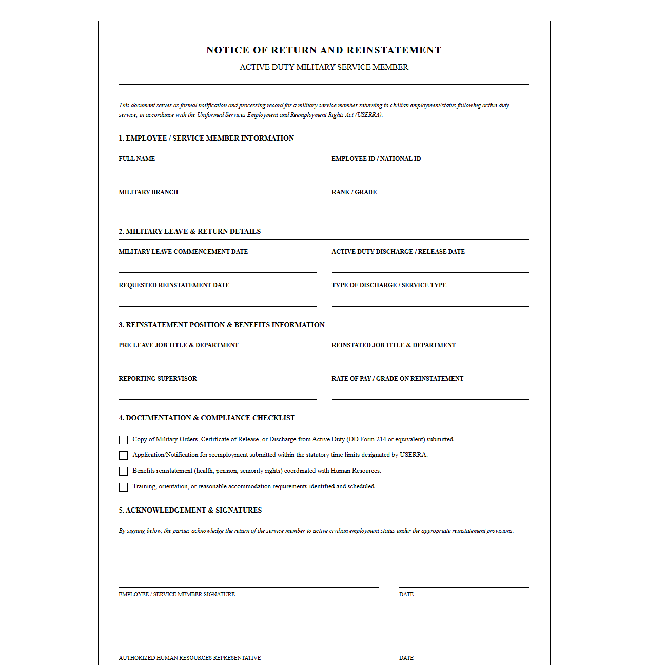 Military Member Active Duty Return Reinstatement Template
