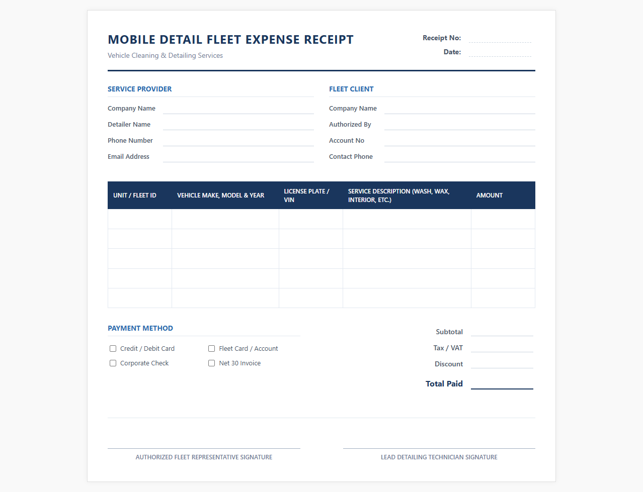 Mobile Detail Fleet Expense Receipt Form