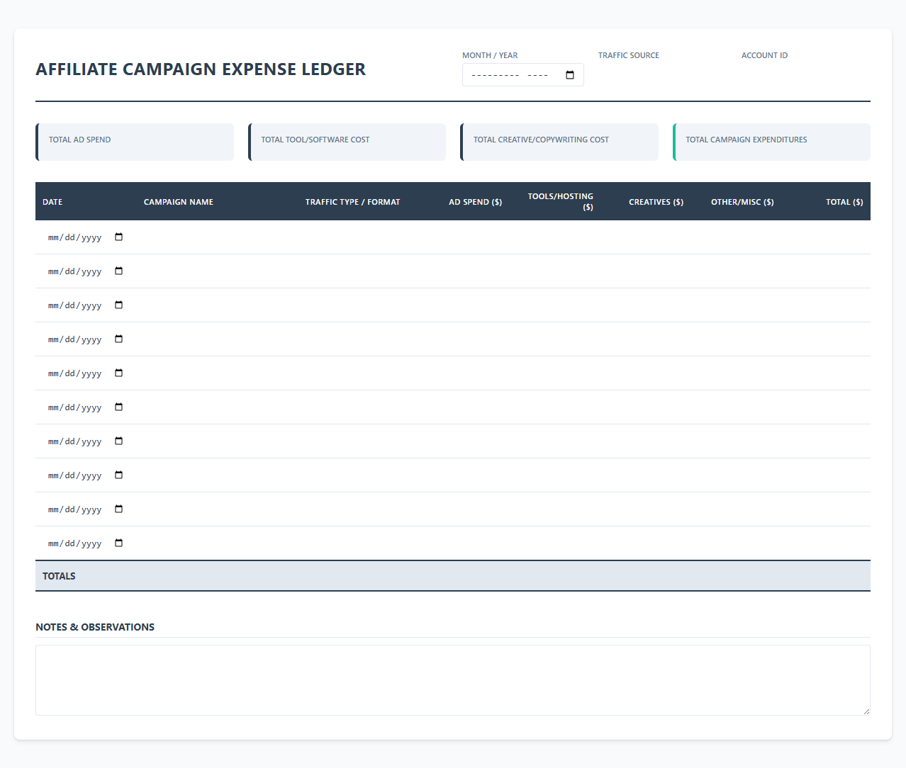 Monthly Affiliate Campaign Expense Ledger